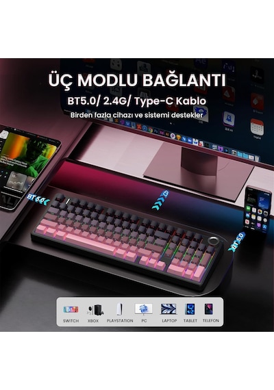 Aula F99 Pro 3 Modlu Rgb Hot Swap Mekanik Reaper Switch Kablosuz Makrolu Gaming Klavye Gradyan Pembe