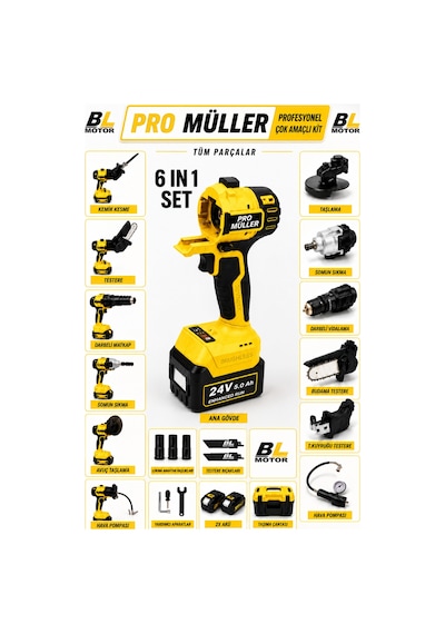 Pro Müller Bl Motor 6 Kafalı Süper Set Darbeli Matkap Testere Tilki Kuyruğu Taşlama Somun Sökme Havalı Pompa