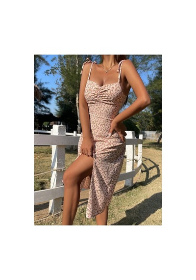 Bella Notte Çiçek Baskılı Düğümlü Askılı Yazlık Elbise Pembe