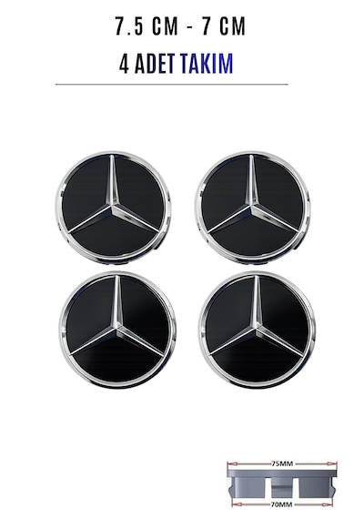 Mercedes Uyumlu Siyah Jant Göbeği Kapağı Arması 75 Mm 7,5 Cm 4'lü Takım