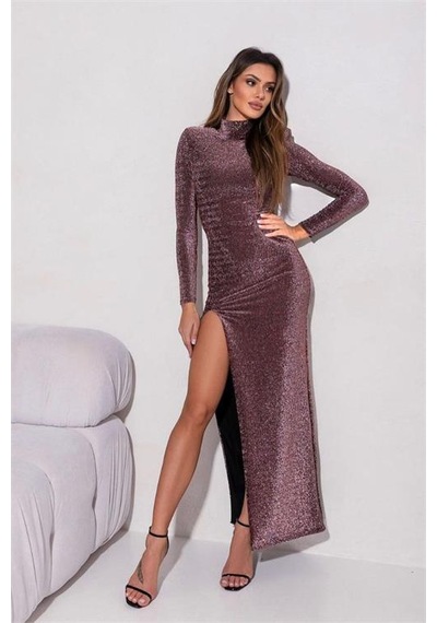 Neşeli Butik Kadın Yırtmaçlı Buzy Kumaş Vatkalı Abiye Elbise Nbemp2337 Gül Kurusu