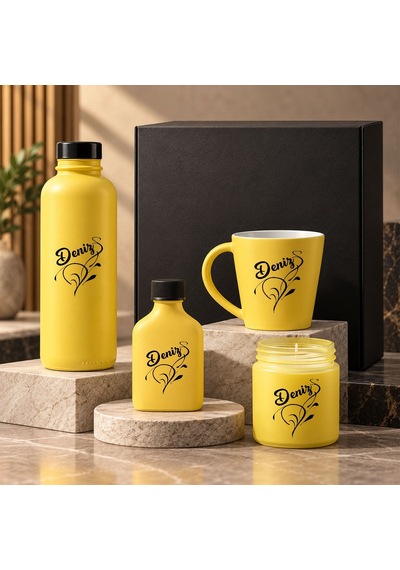 Bk Gift Kişiye Özel İsimli Sarı Cam Suluk & Kupa & Kolonya & Mum - Hediye Kutulu Sarı Hediye Seti-4