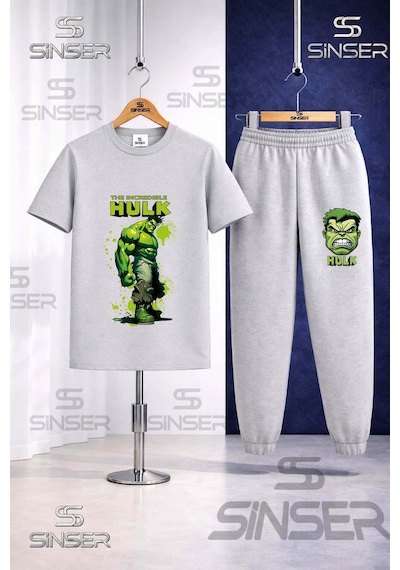 Ss Sinser Çocuk Hulk Alt Yazılı Boyalı Teklı Baskılı Tişort Eşofman Takımı Gri
