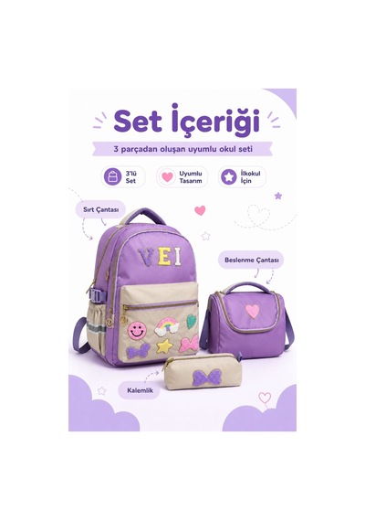 З'lü İlkokul Su Geçirmez Kumaş Çanta Seti Kız Çocuk Sırt Çantası + İçi Folyolu Beslenme Çantası + Kalemlik Mor Mor