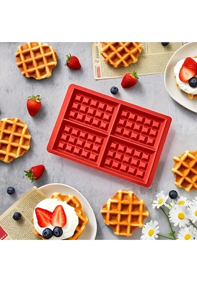 Silikon Fırın Tepsisi 4 Delikli Waffle Kalıbı, Kek Waffle Yapma Tepsisi Kalıbı Kırmızı