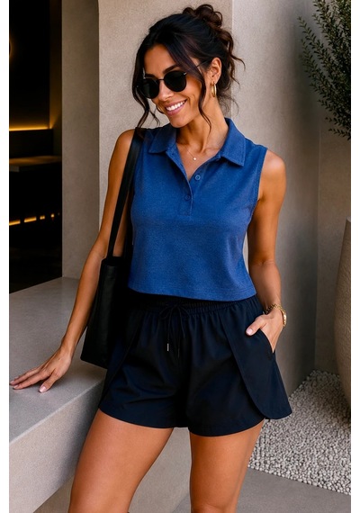Bbbutikbasic Polo Yaka Kolsuz Crop Bluz My3535 Lacivert