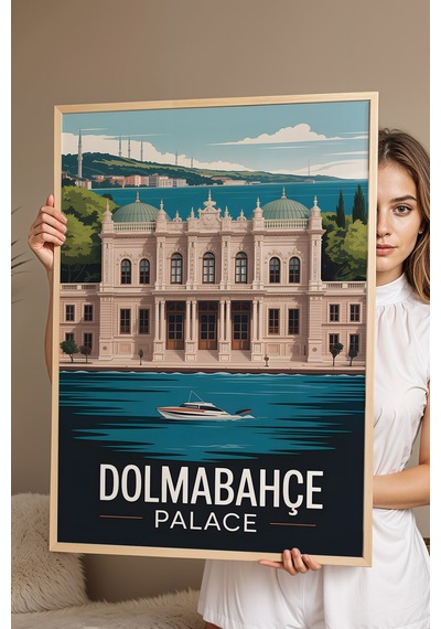 İstanbul Dolmabahçe Sarayı Tablo - Retro Travel Poster - Şehir Duvar Dekoru - Çerçeveli Poster Kayın
