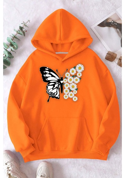 Papatya Kelebek Baskılı Oversize Sweatshirt Turuncu