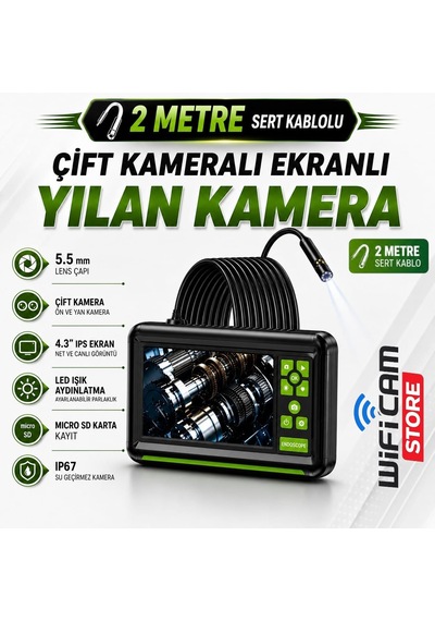 2 Metre Çift Lens Ekranlı Yılan Kamera 5.5mm Lens Sert Kablo