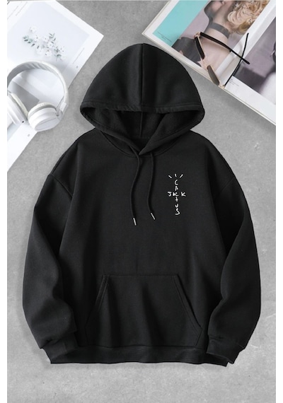 Macklin Unisex Kadın Erkek Cactus Jack İskelet Özel Tasarım Baskılı Kapşonlu Sweatshirt Siyah Mck0876 Siyah