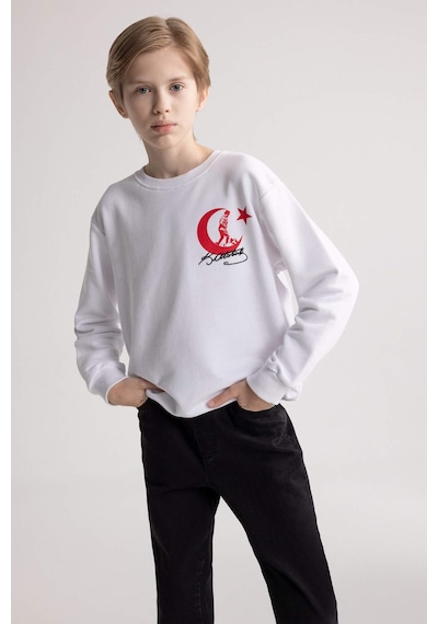 DeFacto Erkek Çocuk Beyaz Bisiklet Yaka Atatürk Baskılı Nakışlı Sweatshirt D8200A824WNWT34