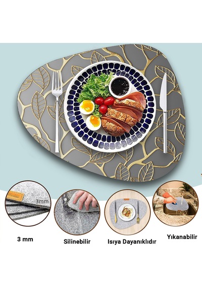 Valerine Life Gold Sarmaşık Yapraklı Amerikan Deri Kaymaz Yıkanabilir Gri Servis Altlığı 12 Parça 6 Siyah