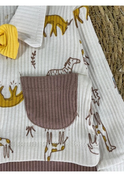 Bebicix Kaşkorse Esnek Papyonlu Animal Figürlü Patikli Çıtçıtlı Erkek Bebek Tulum Sütlü Kahve