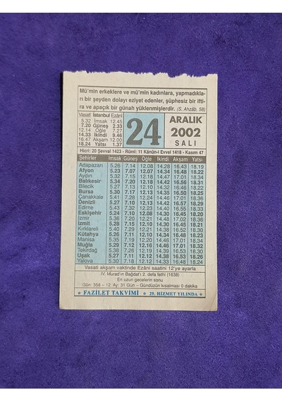 24 Aralık 2002 Takvim Yaprağı - Nostalji Koleksiyonluk Takvim Yaprağı