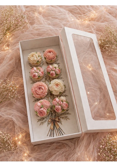 8 Li Cupcake Kutusu Çiçek Baskılı 42x20x10