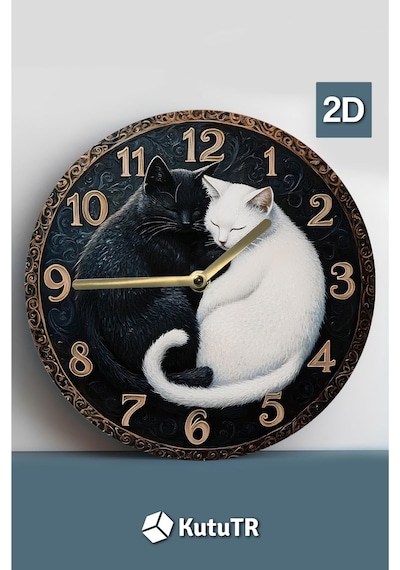 Sessiz Yuvarlak Ahşap Duvar Saati, Kuvars Hareketli 3d Görünümlü 2d Saat Kedi Desen Sdw033 Renkli