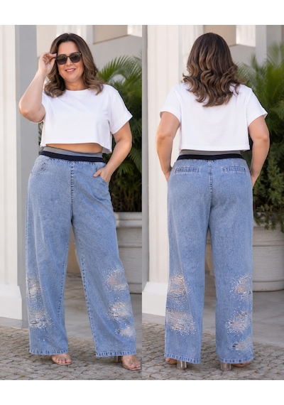 Büyük Beden Bol Kesim Paçası Desenli Taş Detayli Denim Kadın Pantolon Mavi