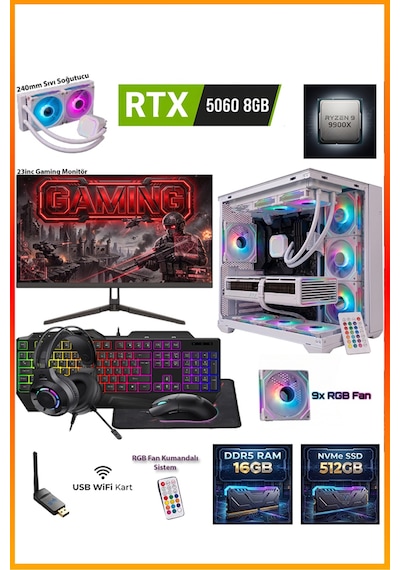 Comloji CMLJ45 R9-9900X 16 GB 512 GB SSD RTX5060 23.8" Free Dos Masaüstü Oyuncu Bilgisayarı