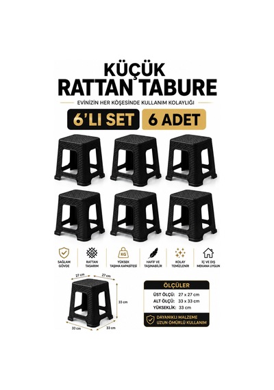 6 Lı Küçük Rattan Tabure Seti Siyah Mutfak Banyo Balkon Bahçe İçin İstiflenebilir Plastik Tabure Siyah