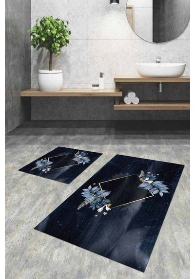 Lacivert Çiçekli Banyo Halısı Klozet 2'li Paspas Seti Bs053n11