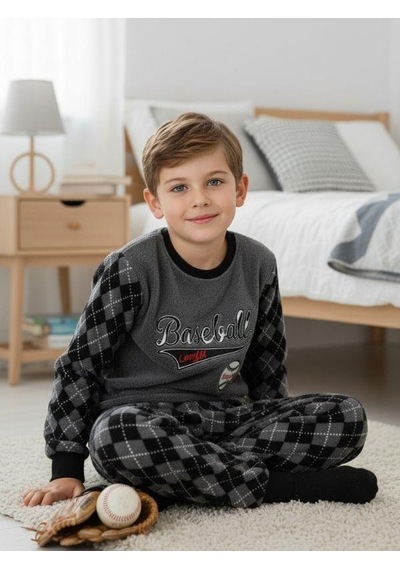 Zekids Erkek Çocuk Basketball Baskılı Polar Pijama Takımı-16814 Grı
