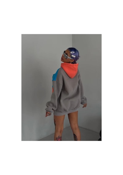 Kadın W Nakış İşlemeli Kapüşonlu 3 İplik Pamuklu Parçalı Sweatshirt Hoodie - Mi Mavi
