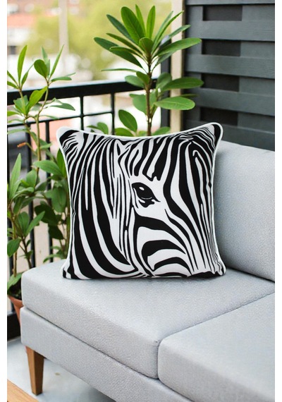 Kırlent Kılıfı Zebra Desenli 45x45 Raşel Örme Kadife Çift Taraflı Dijital Baskı Beyaz Biyeli Çok Renkli