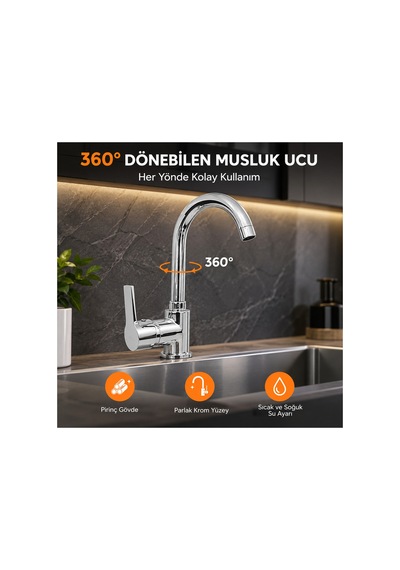 Krom Lavabo Bataryası 360 Döner Gövdeli Tek Kollu Lavabo Musluğu Şık Modern Tasarım Gümüş