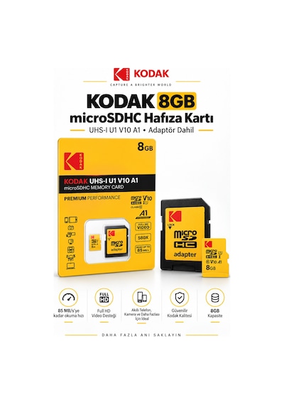 8gb Microsdhc Hafıza Kartı Uhs-ı U1 V10 A1 85 Mb/s Full Hd Destekli Sd Adaptörlü
