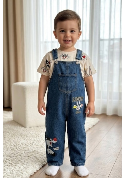 Nota Kids Baskılı Çocuk Kot Salopet Trend 2 Parça Kombin 3-6 Yaş Çok Renkli