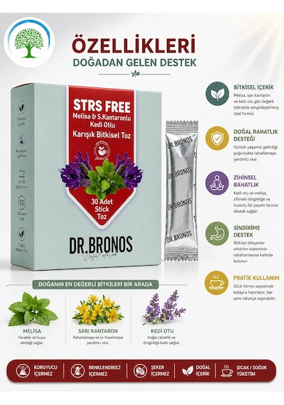 Çareburada Dr. Bronos Strs Free Melisa, Sarı Kantaron, Kedi Otlu Karışık Bitkisel Toz 30 Stick