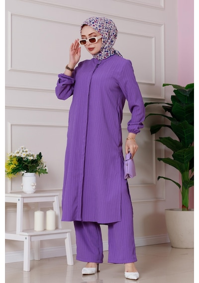 Sevitli Yırtmaç Detaylı Tunik Pantolon Takım-mor-4864