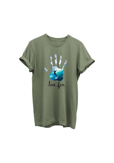 Live Free Yazılı Sörfçü Ve El Baskılı %100 Pamuk Regular Fit Unisex T-shirt Haki