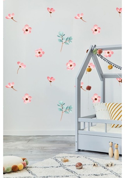 Pembe Çiçek Temalı 20 Parça Çocuk Ve Bebek Odası Dekoratif Duvar Sticker Seti Figür 2