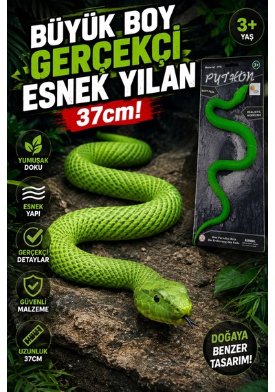 Büyük Boy Gerçekçi Esnek Yılan 37 Cm Yumuşak Dokulu Yeşil Tpr Oyuncak Python