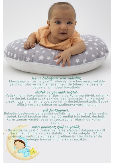 Çift Taraflı Emzirme Yastığı /bebek Destek Minderi, Hamile Yastığı, Pamuklu Kumaş, Stars Desen, Gri