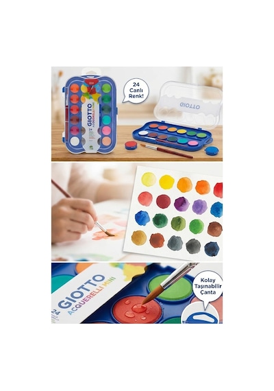 24 Renk Sulu Boya 30mm 1 Paket Giotto 24 Lü Suluboya Fırça Hediyeli Canlı Renkler Acquerelli Kaliteli Yıkanabilir Çok Renkli