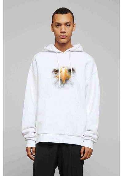White Eagle Baskılı Beyaz Erkek Örme Kapşonlu Sweatshirt