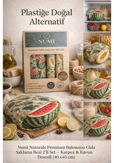 Premium Balmumu Gıda Saklama Bezi 2 Li Set Karpuz & Kavun Desenli 40x40 Cm Çok  Renkli
