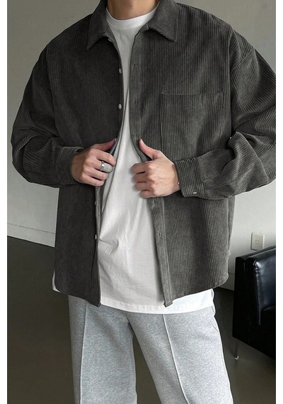 Genius Store Erkek Gömlek Fitilli Kadife Oversize Gömlek Yaka Cepli Uzun Kollu Ceket Gömlek Füme