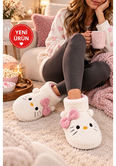 Moon Cloud Moo Kadın Peluş Pudra Hello Figürlü Ev Botu Kışlık Sıcak Tutan Yumuşak Tabanlı Sevimli Terlik Ev Panduf Ev Beyaz - Pembe