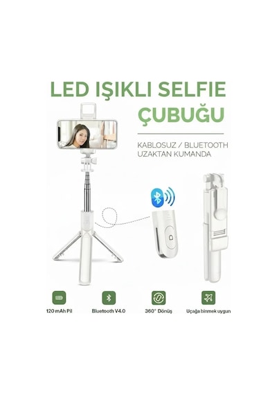Led Işıklı Selfie Çubuğu Bluetooth Kumandalı Kablosuz Tripot Selfie Monopod Selfie Stick Beyaz