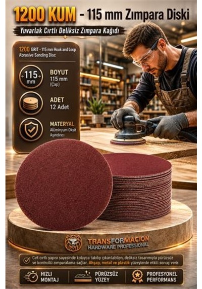 12 Adet 1200 Kum Yuvarlak Cırtlı Zımpara Diski 115 Mm Deliksiz Zımpara Kağıdı 723225