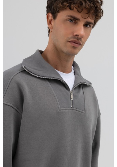 Vamos Basic Fermuarlı Dik Yaka Sweatshirt Füme
