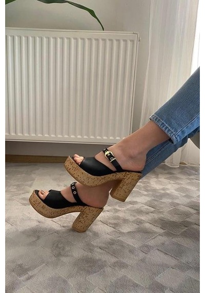 Asmi Shoes Kadın Tena Mantar Taban Platform Topuklu Terlik 10 Cm Snd456 Siyah Siyah