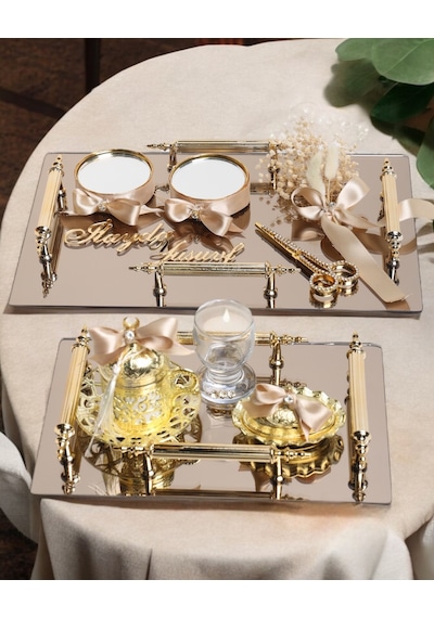 Reverence Gold 4 Kulplu Söz Tepsisi Ve Damat Kahve Fincanı Gold Gold