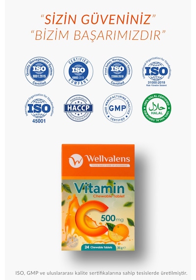 Vitamin C 500 Mg Çiğnenebilir Tablet Şekersiz 24 Tablet, Portakal Aromalı