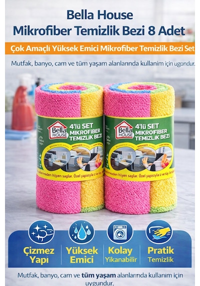 Bella House Mikrofiber Temizlik Bezi 8 Adet 4'lü 2 Rulo Çok Amaçlı Yüksek Emici Mikrofiber Temizlik Bezi Seti Çok Renkli