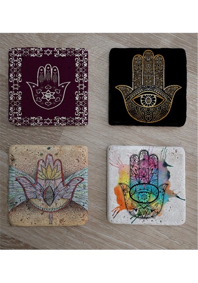Fatıma'nın Eli Doğal Taş Bardak Altlığı 4'lü Set - Natural Stone Coasters - Taş Çok Renkli