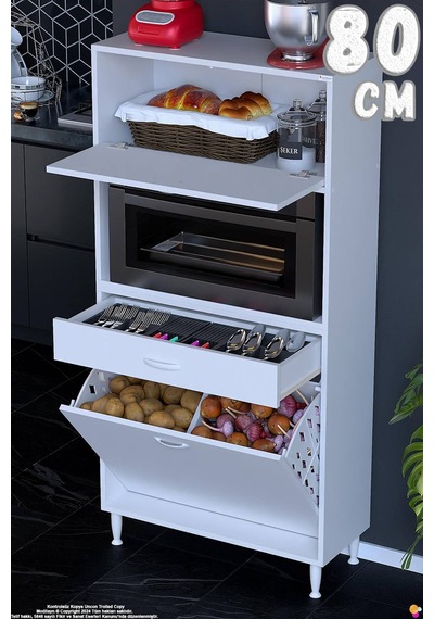 Vio 80 Cm Fırın Dolabı Sepetli Çekmeceli 1 Kapak Mini Midi Mutfak Dolabı Beyaz